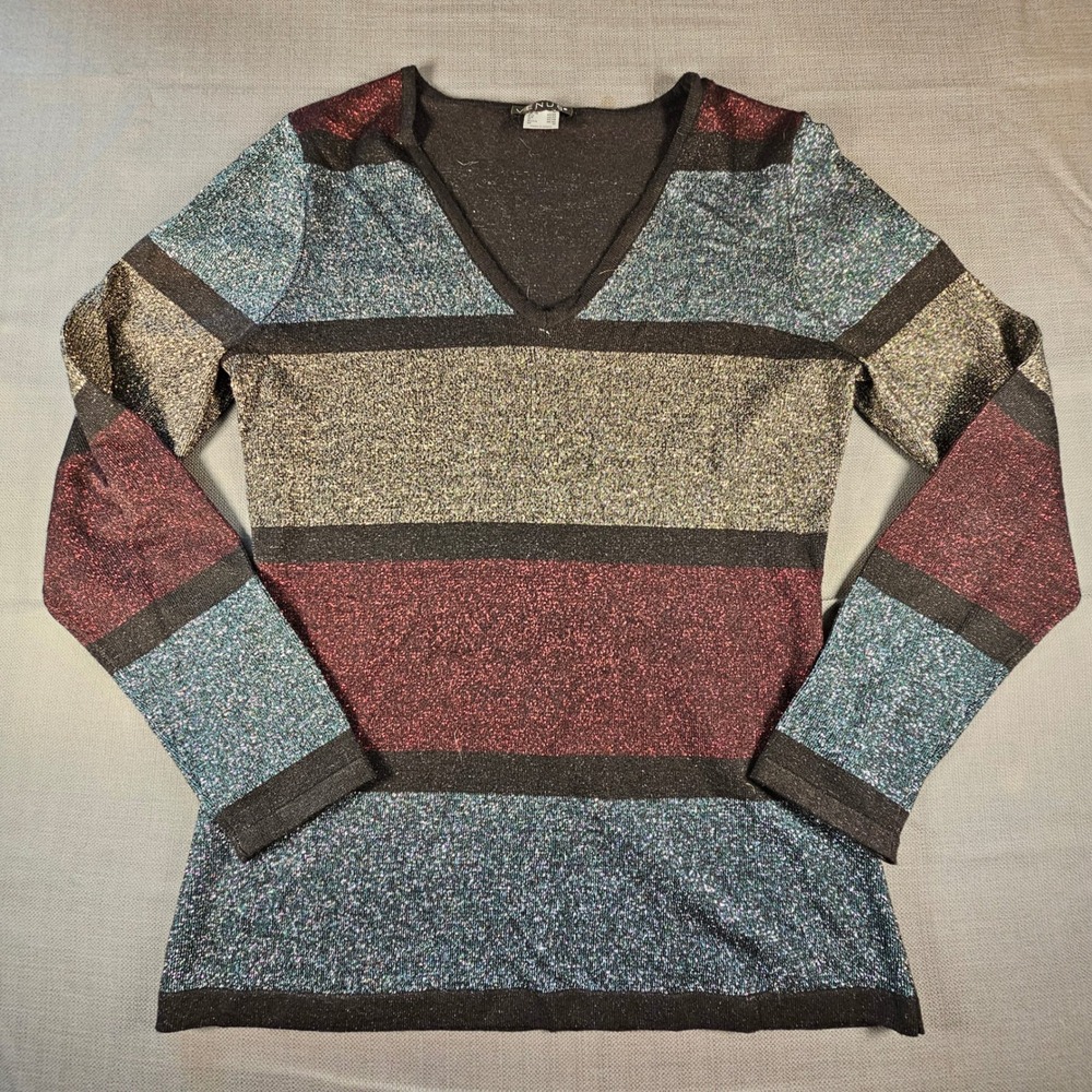 Venus Womens Metallic Striped V-Neck Long Sleeve Knit Top Multicolor